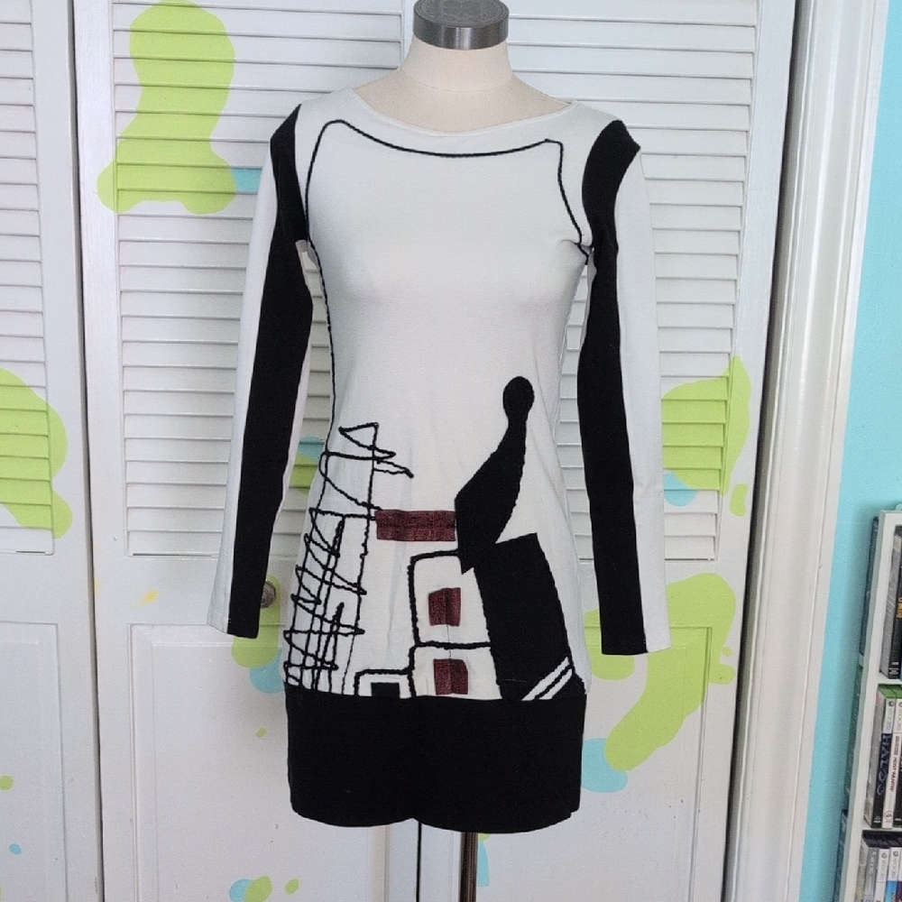 Save The Queen, Italy, Artistic Black and White Long Sleeve Dress, Mini, Size S